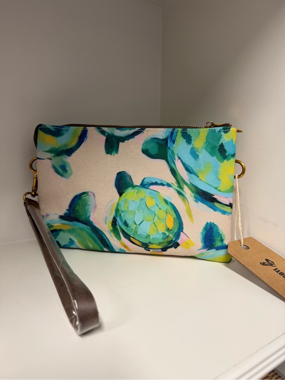 Sea Turtle Crossbody Wristlet Clutch in Teal Blue Green Canvas Multi Pocket NWT - Picture 3 of 10